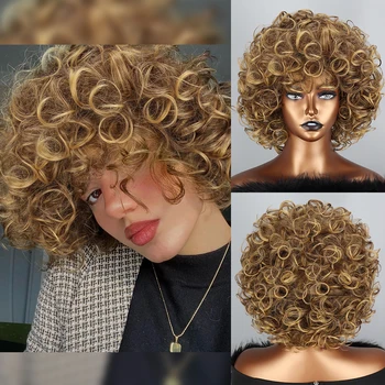 Krátka Parochňa Kučeravé Zlaté Syntetické Kinky Afro Kučeravé Parochňa S Ofinou Prírodné Parochňu pre Ženy je Tepelne Odolných Vlákien Nadýchané Vlasy