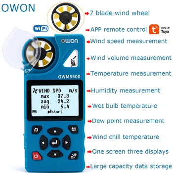 Owon Tuya 7-v-1 Digitálny Anemometer 0.6-40 m/s Zazvonil WIFI Meter Vietor Teplota Vlhkosť Tester Rýchlomer Podpora ukladania Dát