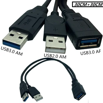 USB 1/2 údajov nabíjací kábel USB3.0 samica na USB 2.0 AM+USB3.0A mužov a žien elektroinštalácie 0,3 M